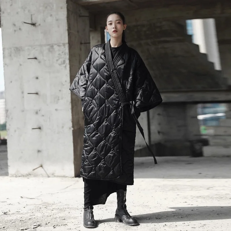 Женская темно-черная парка в японском стиле, пальто осень-зима, ремень с v-образным вырезом, плюс размер, Женское пальто с хлопковой подкладкой, теплые винтажные парки