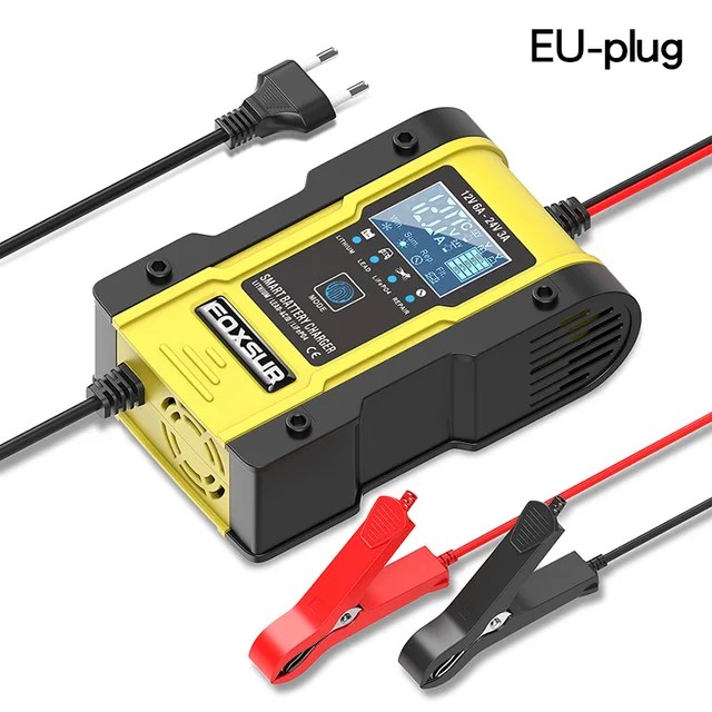 Truck Battery Charger Heavy Duty , FOXSUR 12V 6A 24V 3A Car Smart Battery Charger Fast Charge AGM LiFePO4 Lead-Acid Battery EU-Plug (Yellow)