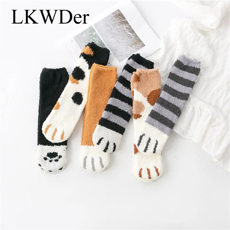 

LKWDer 3 Pairs Of Plush Coral Fleece Socks Female Tube Socks Autumn Winter Cat Claws Cute Thick Warm Sleeping Floor Sleep Socks