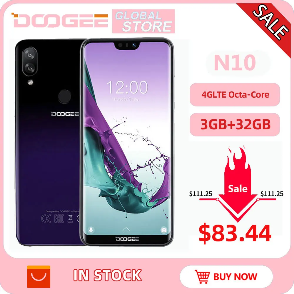 New DOOGEE N10 mobile Phone 16.0MP Front Camera 3360mAh Android 8.1 4GLTE Octa-Core 3GB RAM 32GB ROM 5.84inch FHD+ 19:9 Display