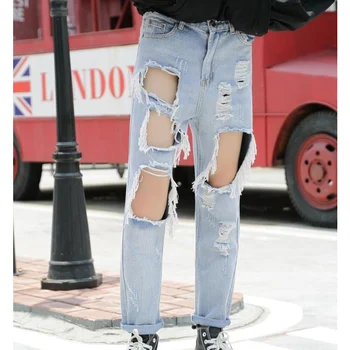 

Spring and autumn new light color denim nine pants big hole hole tide men's pants hip hop knee hole pants large size male blue