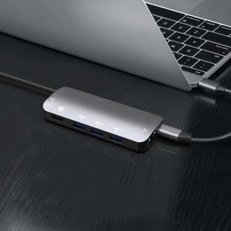 USB C концентратор, 9 в 1 Тип C адаптер с 4K HDMI, 60 Гц, VGA, 1 Гбит/с RJ45 Ethernet, с 3 портами(стандарт 3,0 Порты и разъёмы, светодиодный дисплей, SD/TF Card Reader устройство чтения карт, 60 Вт зарядка PD Po