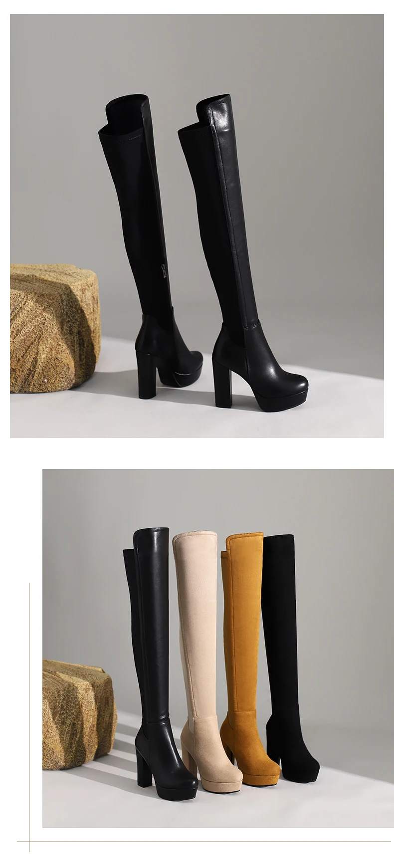 2025 New Waterproof Platform Stitching Over-The-Knee Women's Boots Super High Thick Heel Suede Short Plush PU Long Boots