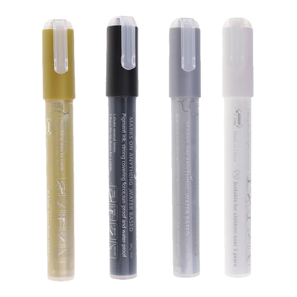 4 Pieces Gold & Silver & White & Black Acrylic Paint Marker Pen 4mm Point Tip Art Permanent Paint Pen - Acid-free; Fast-drying