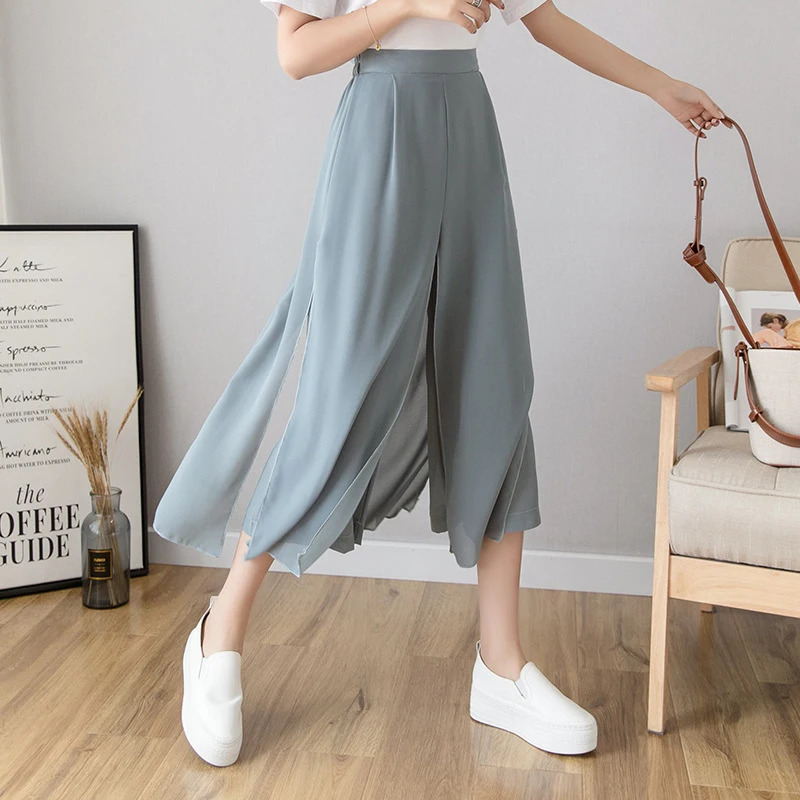 2021 Summer Drape chiffon fake two black wide leg pants female nine points loose trousers Leisure Temperament Vintage Pants 2