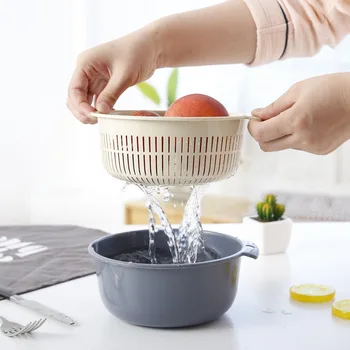 

Double Plastic Drain Basket Living Room Wash Fruit Basket Kitchen with Lid Panning Wash Basket Drain Blue Kichen Accessories