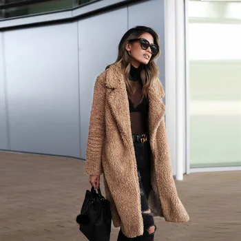 

NORMOV Solid Women Coats Winter Turn Down Collar Long Sleeve Pockets Faux Fur Open Stitch Casual Plus Size Coats