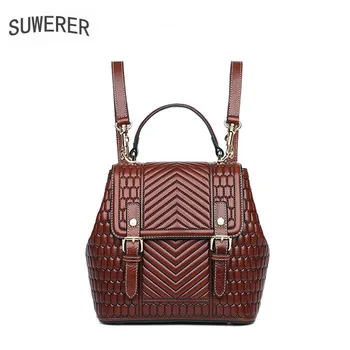 

SUWERER New Women Genuine Leather bags Fashion embossing bag top cowhide women backpack tote big bag women leather backpabk