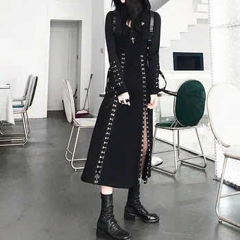 

Two Pieces Sets Gothic Long Dress Women Fashion Hooded Punk Hoodies Set Sexy Split Maxi Dresses Summer 2020 Streetwear