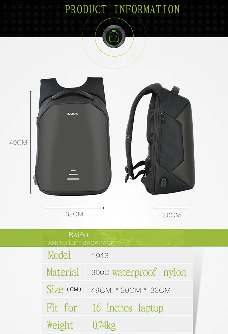 BAIBU, новинка, мужские рюкзаки, для мужчин, usb зарядка, для ноутбука, Противоугонный рюкзак, модный дизайн, рюкзак, Повседневный, Mochila, дорожная сумка для мужчин