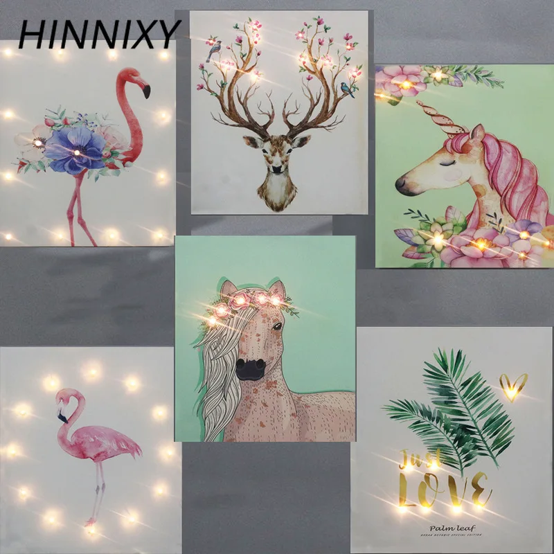 

Hinnixy Hanging Picture Wall Lamp Flamingo Unicorn Horse Wood Print Night Lamp Nordic Style Home Living Room Decor Light Fixture
