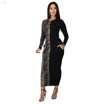 

Women Winter Long Dress Full Sleeve Snakeskin Print Dress Pockets O-neck Sexy Clubwear Party Maxi Dresses Bandage Bodycon Dress