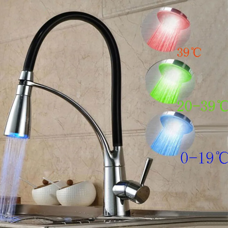 Saeuwtowy Chrome LED Kitchen Faucet with Black Hose one Handle one 2 Water ways Deck Mounted Sink Mixer Tap