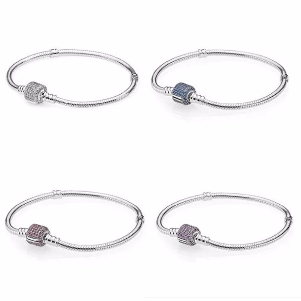 925 пробы Серебряный браслет с застежкой белый/розовый/фиолетовый/синий камни подходят для европейских шармов Diy ювелирные изделия