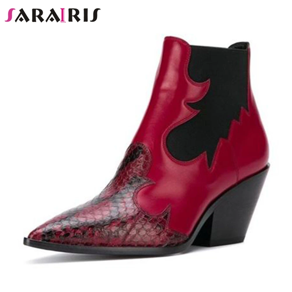 

SARAIRIS Brand New Big Size 33-43 Luxury Genuine Leather Booties Chunky Heels Pointed Toe Shoes Woman Casual Party Ankle Boots