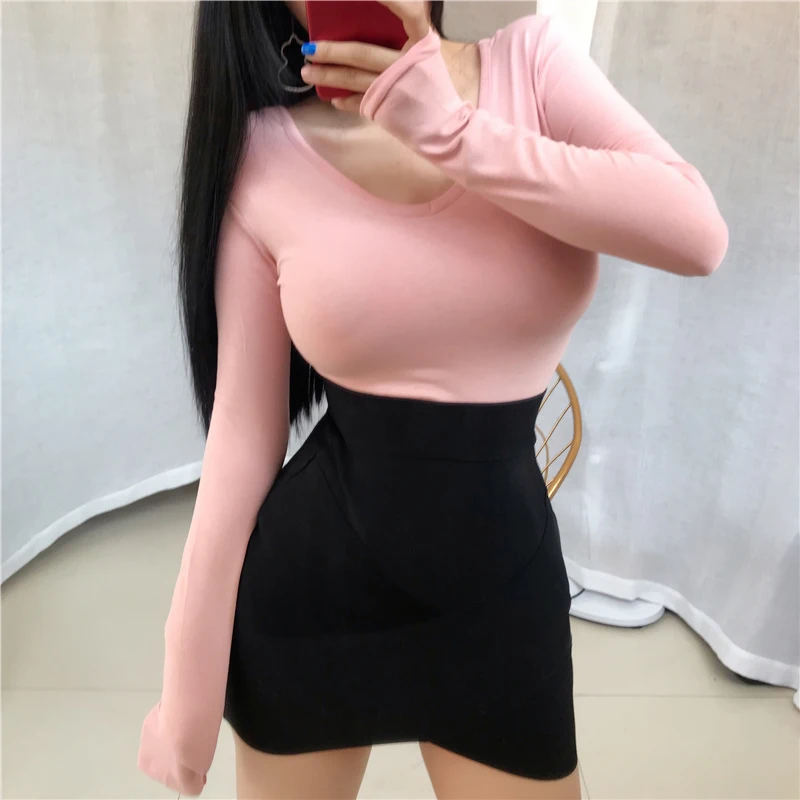 

Black T Shirts Sexy V-neck Open Back Basic Short TShirts Femme Club White Women Harajuku 2020 Spring Summer Long Sleeve Tops