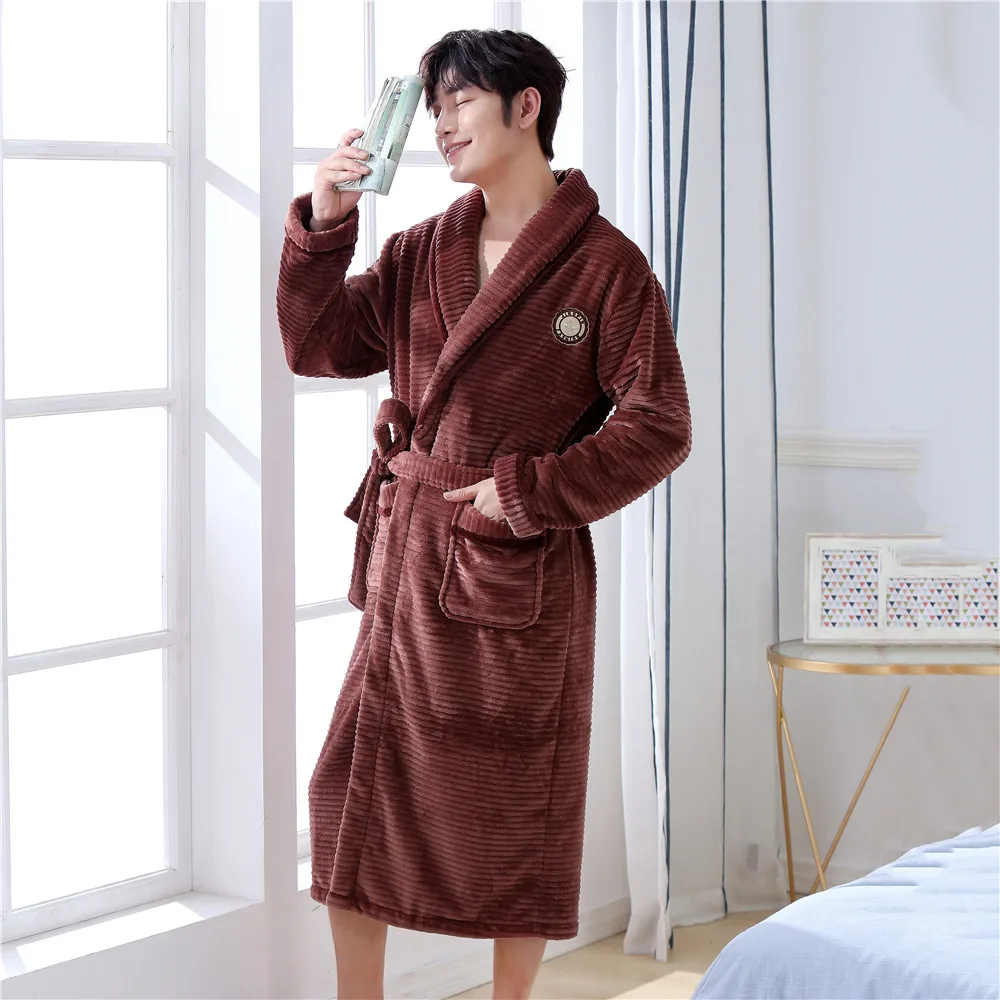 

Exquisite Brown Men Winter Bath Gown Comfortable Flannel Keep Warm Kimono Robe Gown Homewear Casual Soft Nightgown Sleepwear