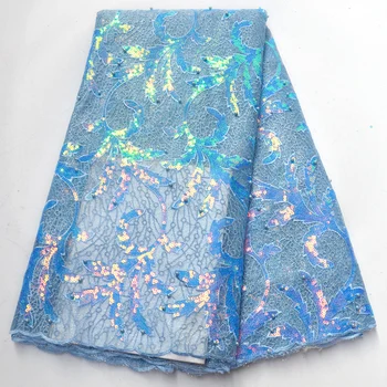 

African Sequins Lace Fabric 2019 Sky blue Latest Fabric High Quality Tulle Sequins Lace Fabric Dress
