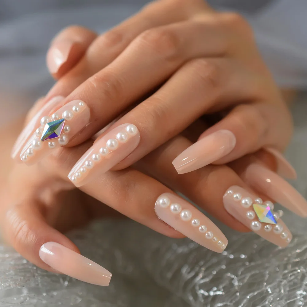 

Nude Fake Nail Extra Long Coffin Nail Art Tips Pure Pearl Press On Nails 3D Rhinestone Pre-design With Glue