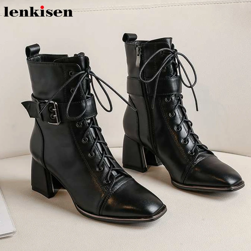 

Lenkisen big size British style genuine leather square toe high heels Zipper belt buckle winter warm lace up mid-calf boots L4f3
