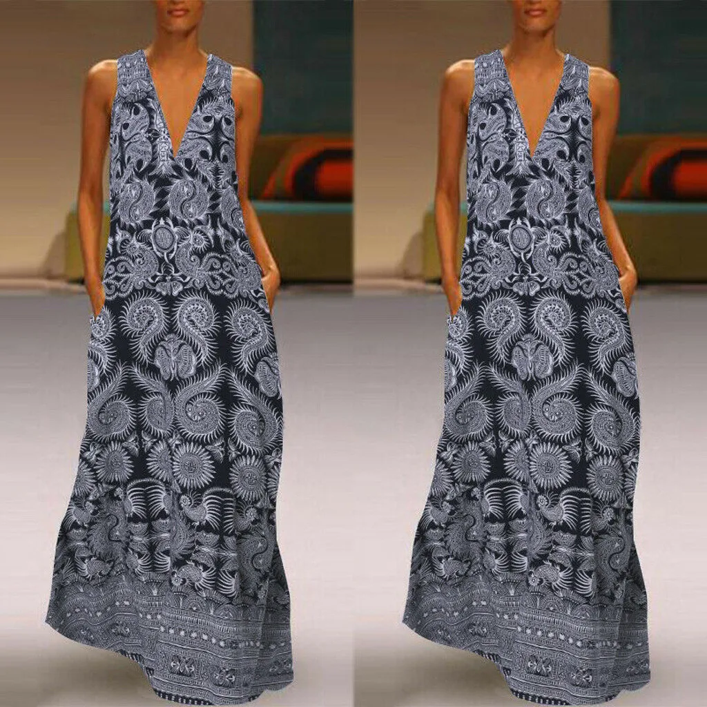 CHAMSGEND Plus Size S-5XL Summer Long Dress Women Vintage Bohemian Print Daily Casual Sleeveless V Neck Maxi Vestidos F119 | Женская