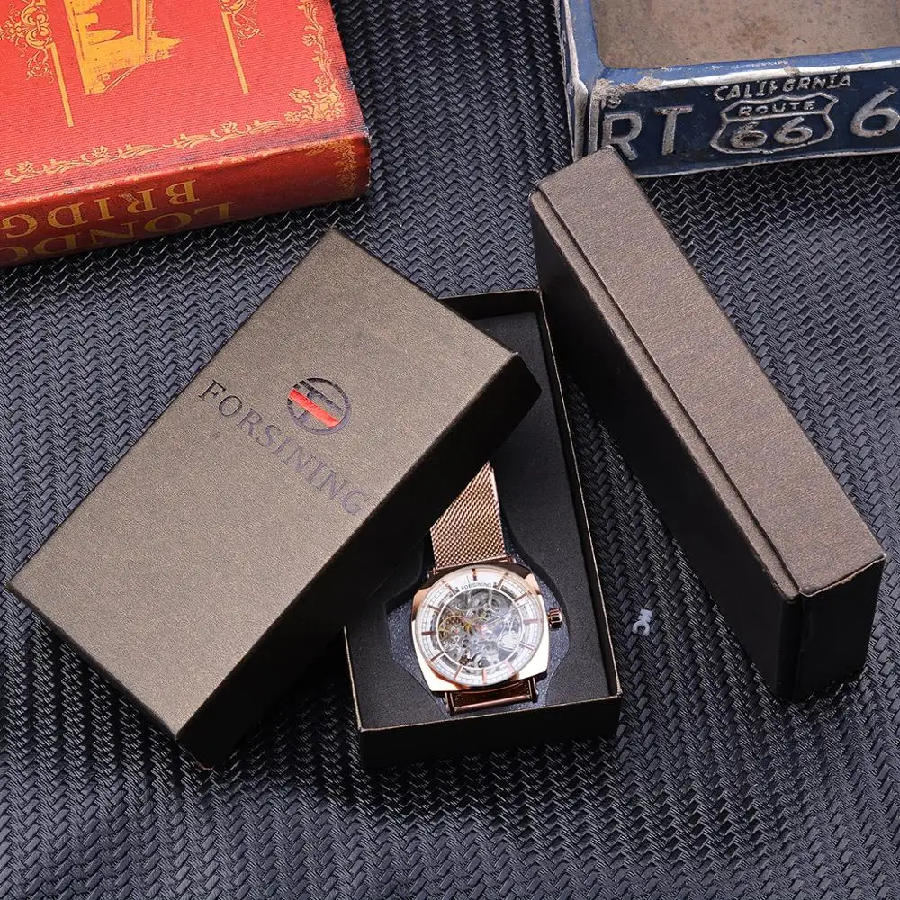 Forsining Top Brand Luxury Man Clock Fashion Mens Watch Casual Waterproof Rose Gold Mesh Skeleton Mechanical Wristwatches