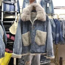 Большой Лисий меховой воротник плюс бархатное Ковбойское пальто женская короткая джинсовая куртка хлопковые пальто осенне-зимние женские утепленные куртки
