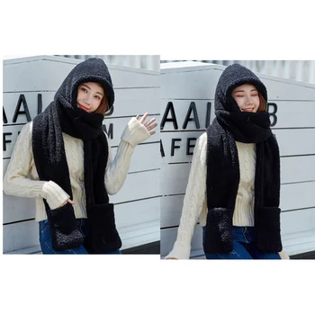 

Hot 2019 Fashion Women Warm Sets Solid Color Hood Scarf Snood Pocket Gloves Hat Cute For Winter Outdoor Travel Warm Accessories