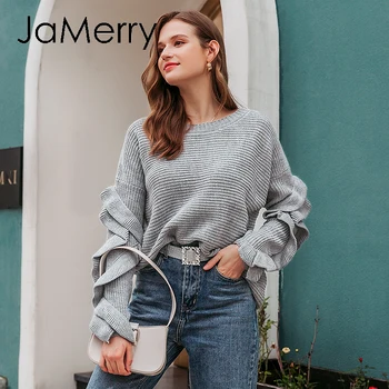 

JaMerry Elegant o-neck autumn winter women sweater Office lady off shoulder jumper Causal ruffle long sleeve pullover 2020