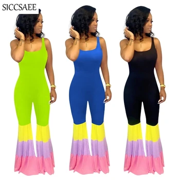 

Patchwork Bell Bottom Pants Tank Jumpsuits And Rompers For Women Wide Leg Backless Overalls Sexy One Piece Combinaison Femme