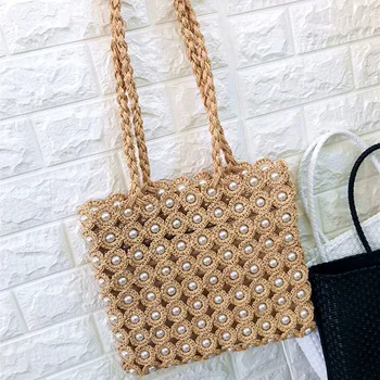 

New Female Bag Pearl Inlaid Woven Bag Shoulder Shoulder Shopping Bag Straw Bag Summer Seaside Personality Paper Weave Handbags