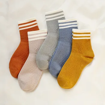 

Woman Solid Cotton Socks with Stripes on the Cuff Girls Sport Socks Warm Winter Short Socks Female Ankle Socks 5 Pairs/ lot
