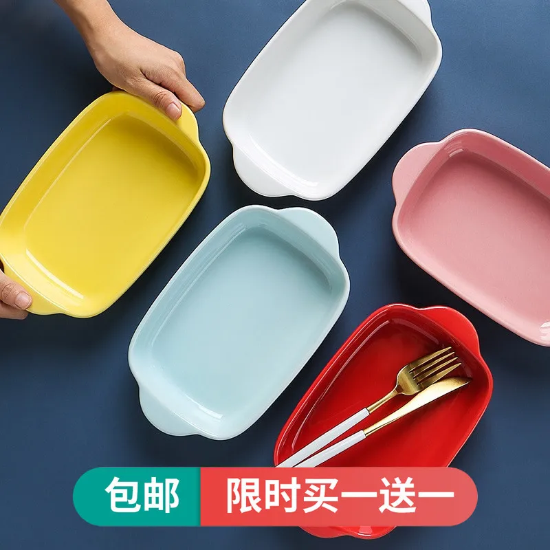 

Cheese Baked Rice Plate Ceramic Ovenware Bakery Dual Handle Plates Dish Microwave Oven Oven with Tableware Household Baking Bowl