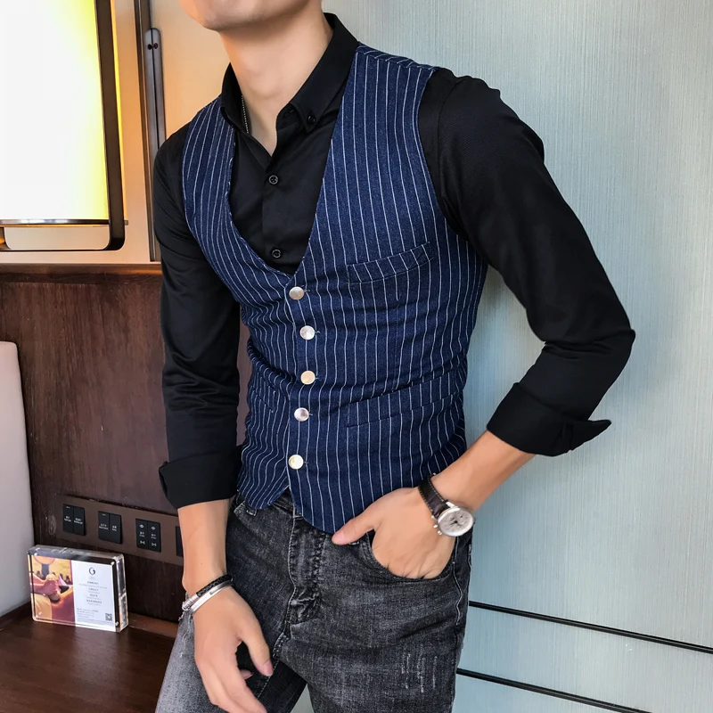 Новая мода деловой мужской джентльмен высокого качества Повседневный тонкий вертикальная полоса Боксер v-образным вырезом однобортный британский жилет