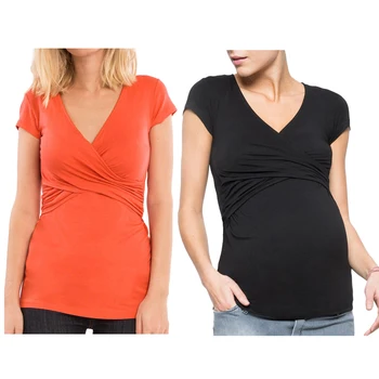 

Maternity T-Shirt Women Pregnant Nursing Tops V-Neck Short Sleeve Cross Solid Pregnancy Breastfeeding Shirts