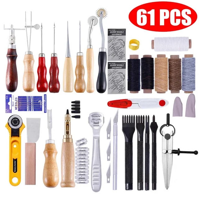 61 Pcs Professional Leather Craft Tools Kit Home Hand Sewing Stitching Punch Carving Work Saddle Leathercraft Accessories 2