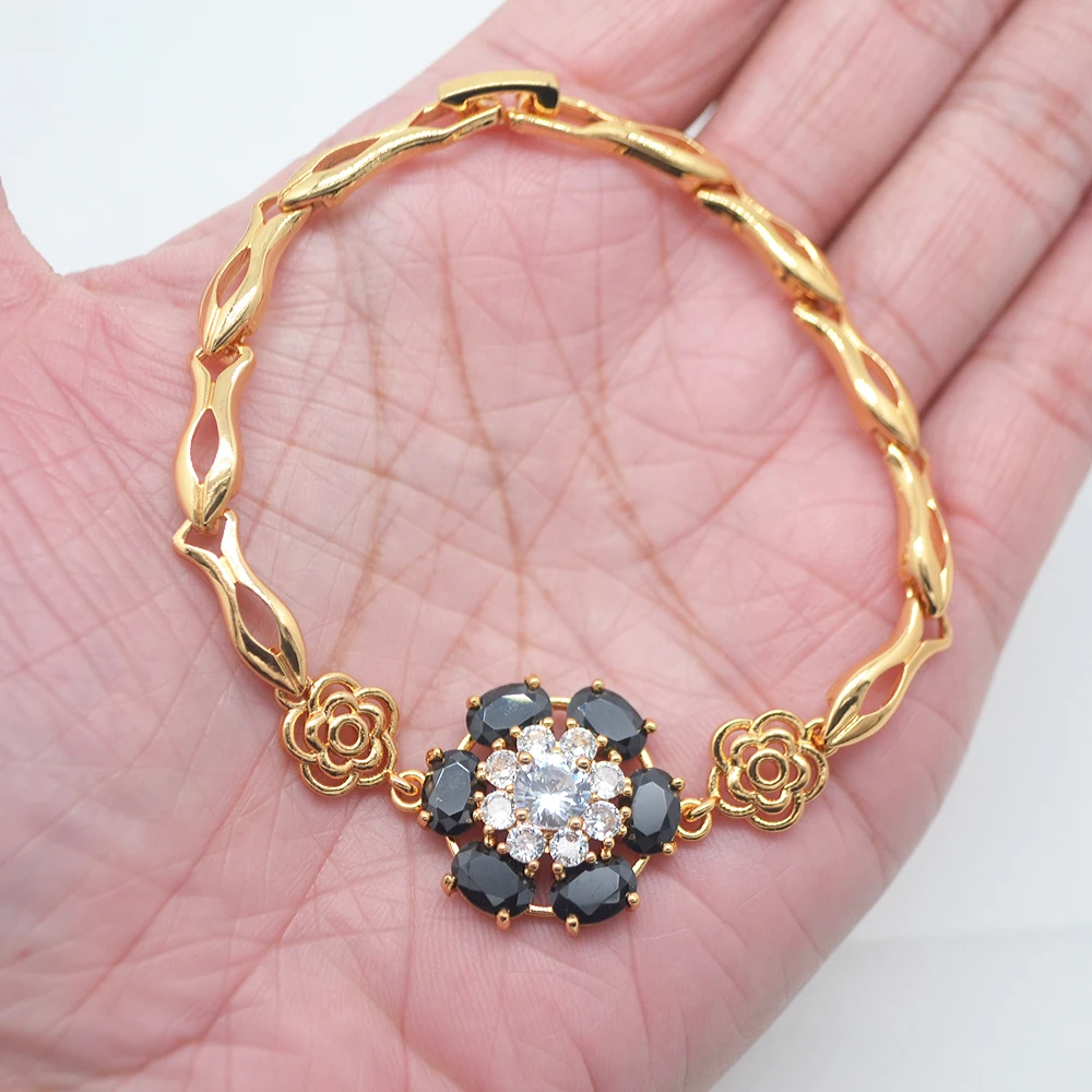 Fashion Gold Color Women Luxury Black Zirconia Cz Flower Charm Bracelet