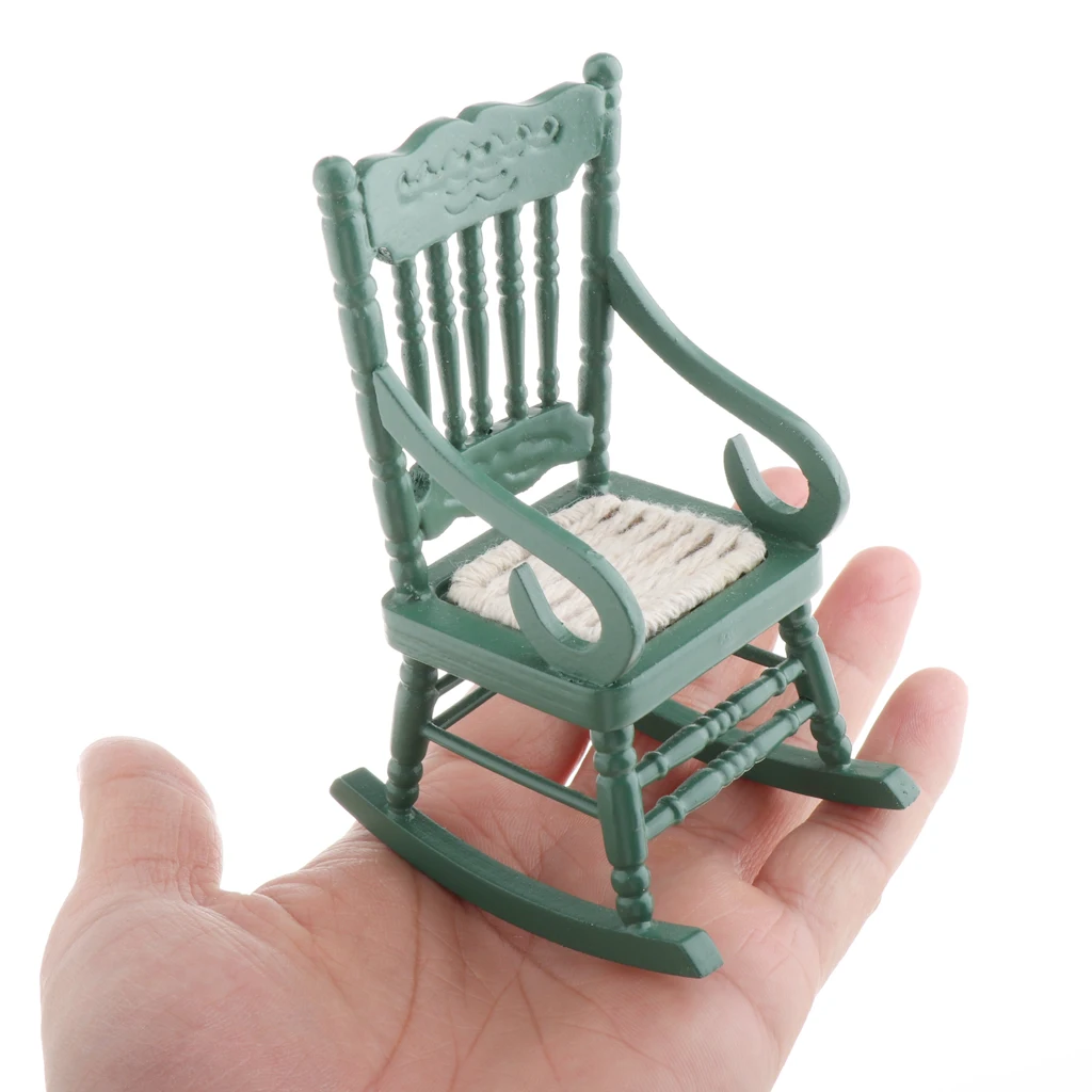 Dollhouse Wooden Chair with Plush Cushion, 1:12 Miniature Green Rocking Chair Model