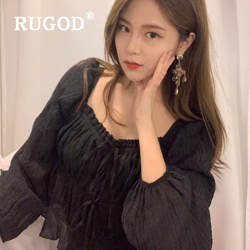 RUGOD/Новинка года; Осенняя однотонная женская блузка с квадратным воротником и рукавами-фонариками; Облегающая рубашка с длинными рукавами и шнуровкой; модная женская рубашка