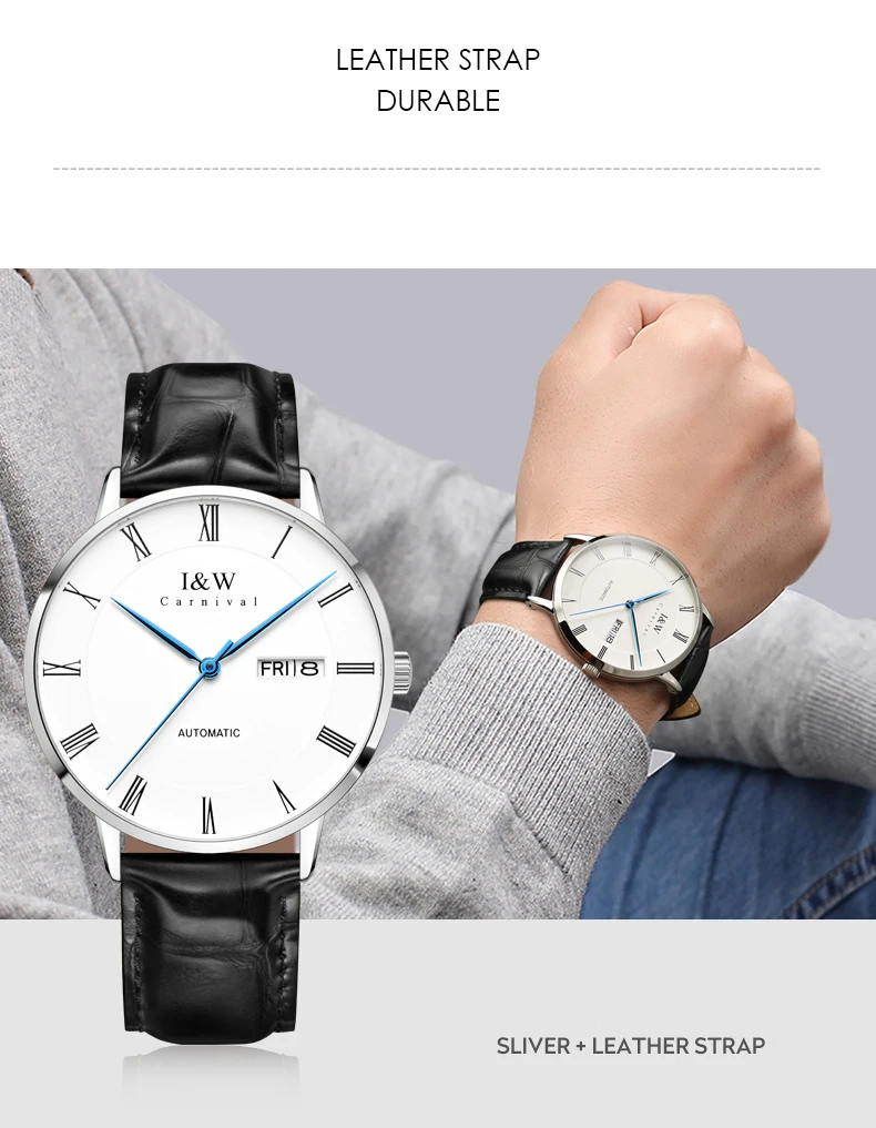 Carnival I&W Thin Automatic Watch Men Leather Strap Mechanical Watches Top Brand Luxury Roma Number Clock relogio masculino