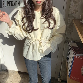 

SuperAen Embroidered Ruffled Women Shirt Solid Color Cotton Wild Ladies Blouses and Tops Spring New 2020 Women Clothing