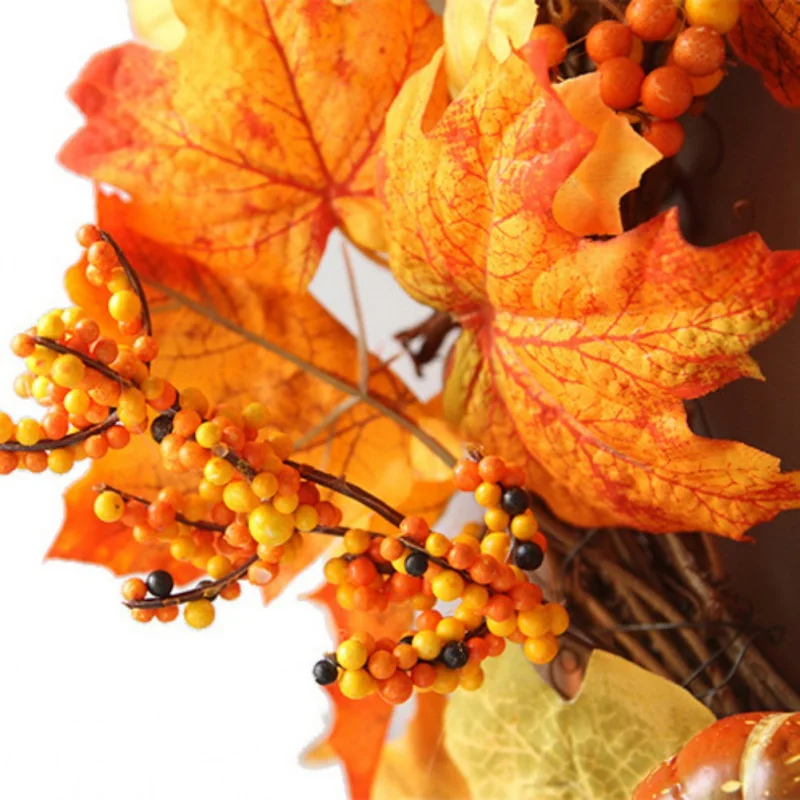 Thanksgiving Christmas Rattan Wreath Garland Artificial Maple Leaves Pumpkins And Berries Front Door Holiday Decor