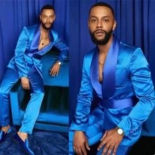 2-Piece Men Suits Silk Satin Wedding Tuxedos Party Wear Fit Fashion Blue Business For Best Man Peaked Lapel Blazer Suit