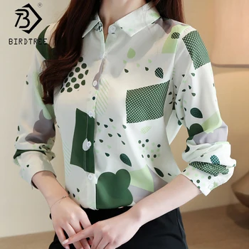 

Women Print Shirts 2020 Spring Autumn Turn-down Collar Full Sleeve Single-breasted Chiffon Blouses Tops All Match T05014K