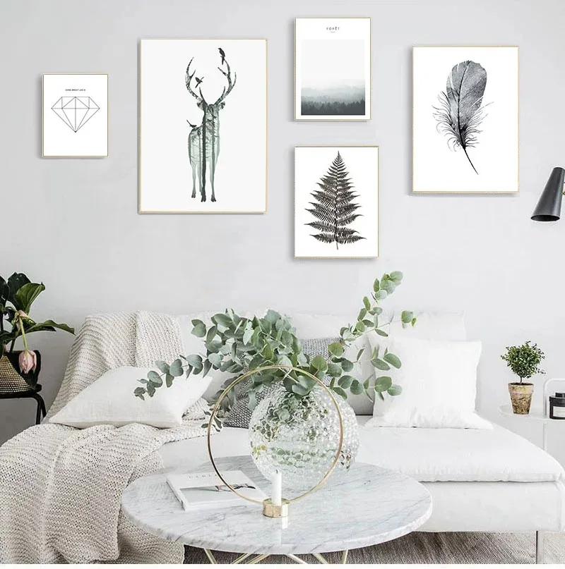 

Scandinavian Black White Deer Dandelion Nordic Style Wall Art Canvas Print Painting Decoration Picture Living Room Decor