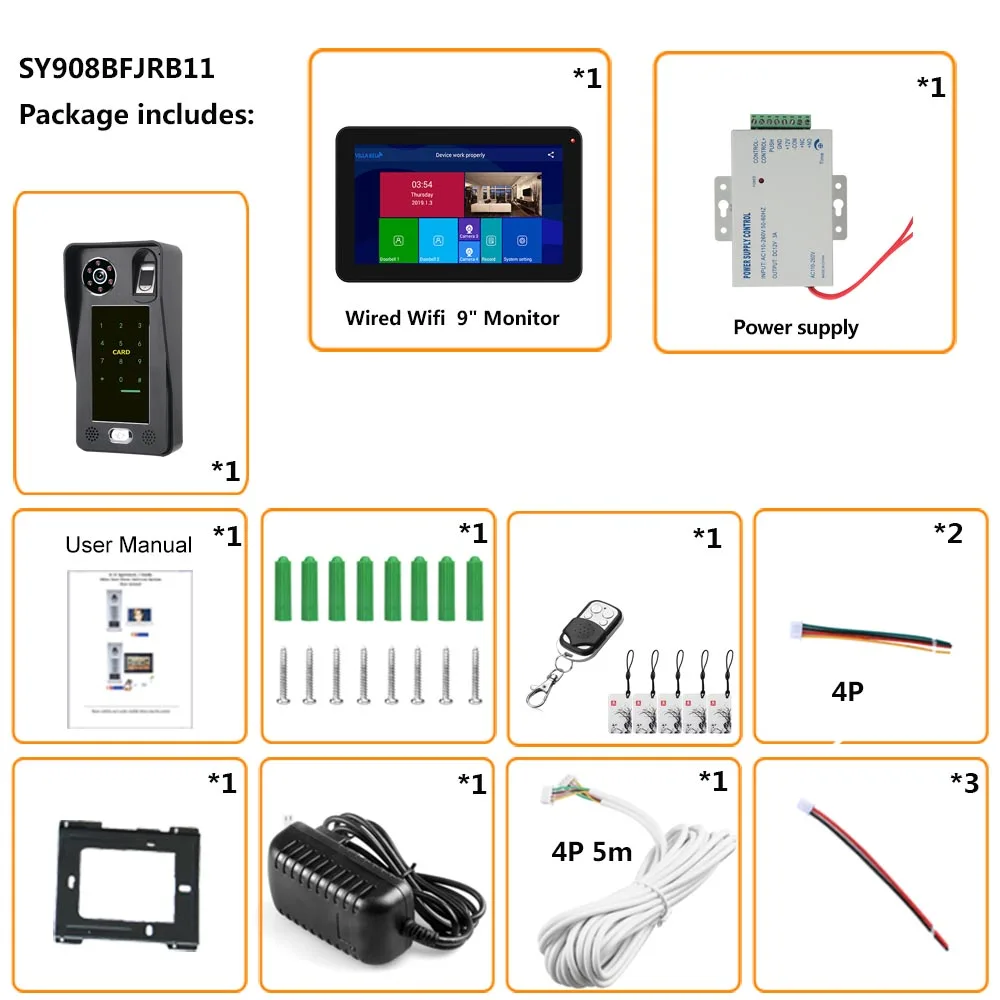 9 inch Wifi Wireless Fingerprint IC Card Video Door Phone Doorbell Intercom System with Wired AHD 1080P Door Access Control Sy