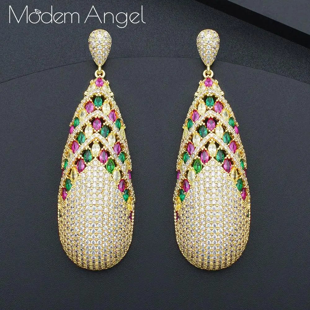 Three colors ModemAngel, роскошные серьги в виде капель, трендовые, много кубического циркония, Naija, серьги для свадебной вечеринки, модные ювелирные изделия для женщин - Окраска металла: Three colors