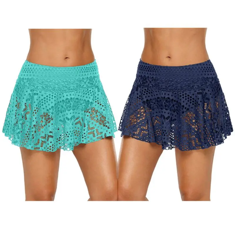 

Women High Waist Mini Pleated Swim Swing Skirt Hollow Out Crochet Floral Bikini Bottoms Solid Color Swimsuit With Brief Underlay