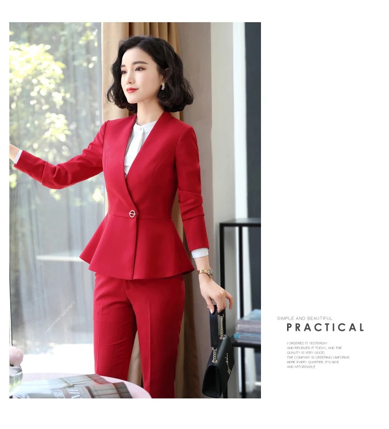 Fashion long sleeve professional pants suits New red business slim blazer and pants office ladies formal interview work wear