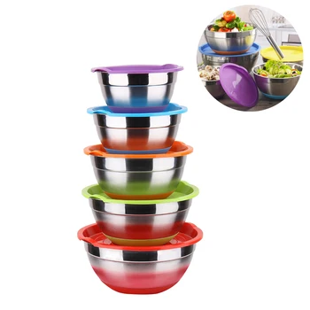 

5pcs/set Stainless Steel Mixing Bowls Non Slip Silicone Bottom Kitchen Egg Mixer Bowl Storage Bowl for Food Salad Cooking Baking